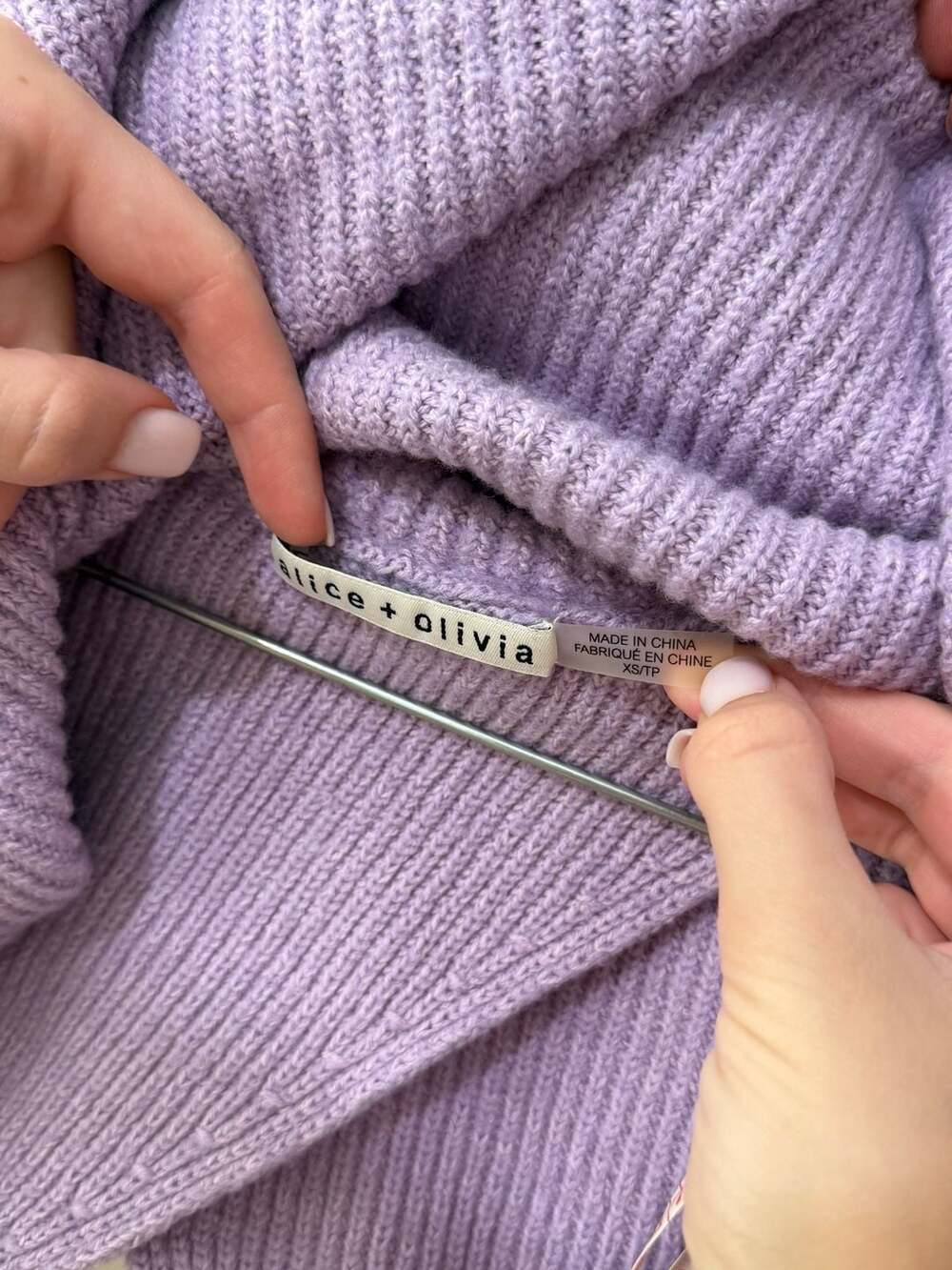 alice + olivia Lavender Ribbed Knit Turtleneck Sweater with Asymmetric Front Det - Picture 5 of 9